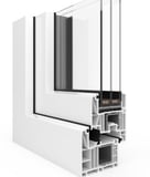 a window with a white frame and a white frame