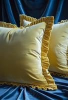 Set of two square butter yellow velvet pillow covers with pleated edges, shown on a midnight blue