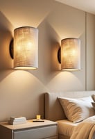 Two soft-glow plug-in sconces with linen shades mounted above bedroom nightstands.