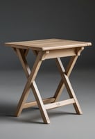 A light brown foldable wooden side table stands against a grey background.