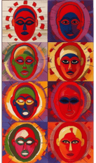 a group of six different colored masks of different colors