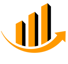 a black and orange arrow pointing upward logo
