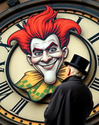 An older man gazes at an image of a large clock face wherein sets a grotesque jester type face.