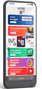 Mini site da Ajot Site exibido em celular, com layout colorido e links para curso de inglês, WhatsAp