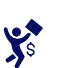 a stick figure silhouette dancing with a brief case in its hand next to a dollar sign