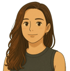 A cartoon representation of a woman {me} with long brown hair and a black top