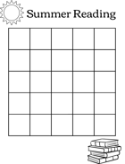 A blank bingo sheet headed "Summer Reading" with images of the sun and a stack of books