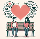 a man and woman sitting on a bench with speech bubbles