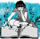 Una mujer leyendo un libro del que salen muchas cosas