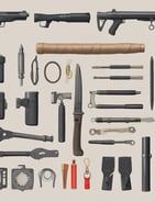 A collection of military items placed on camouflage fabric includes medals, patches, bullets, a tactical cap with a 'Don't Tread on Me' patch, and a brown holster.