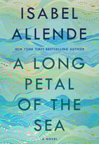 Abstract cover of “A Long Petal of the Sea” by Isabel Allende, in teal and gold tones.