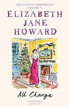 Illustrated cover of “All Change” by Elizabeth Jane Howard, featuring a woman in red by a Christmas 