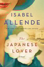 Vintage-style cover of “The Japanese Lover” by Isabel Allende, with a woman in a blue hat.