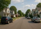 a street scene with cars parked on the street, stand alone homes in montreal