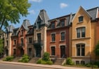 a row of houses with a street view of a row of houses, townhouses in montreal