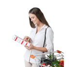 a woman in a white shirt and a shopping carton