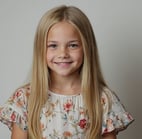 Real portrait of a young girl with blonde hair and a flowered dress