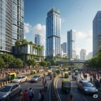 a busy city street with a lot of traffic and people in India