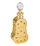 a perfume bottle with a gold and red crystal
