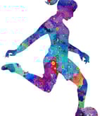 a woman soccer player kicking a ball in a watercolor painting