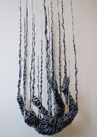 a black and white hanging bag of yarn yarn