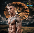a man with tattoos on his chest and with moonlit evening making him dreamy