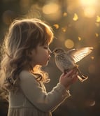 a little girl is holding a bird in her hands