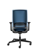 Breathable mesh-back blue office chair with lumbar support and rolling base, back view.
