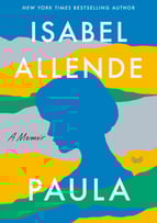 Minimalist cover of “Paula” by Isabel Allende, with a blue silhouette and bold color stripes.