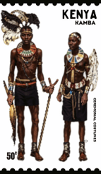 a stamp with a picture of a Kamba couple in native clothing