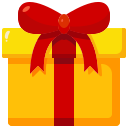 a yellow gift box with a red bow