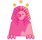A stylised drawing of a pink Egyptian Sphinx with three gold stars above its head