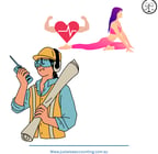 A cartoon image of a man holding a walkie-talkie and a large pipe, with a woman doing yoga in the ba