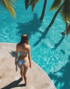 A black and white striped bikini top lies on a wooden deck beside a pool filled with clear blue water. The sunlight casts a shimmering pattern on the pool's surface, highlighting the contrast between the wood, the stripes, and the water.