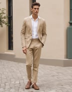 A tailored blue suit jacket draped over a vintage brown leather suitcase, visible through a glass display. The stitching on the jacket is evident, suggesting it is in a bespoke tailoring process. The reflections and lighting create a sophisticated and timeless feel.