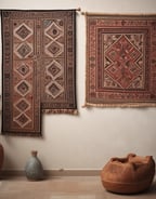 Colorful woven rugs with intricate geometric patterns hang vertically on a wooden rail against a rustic stone and plaster wall. A window with green shutters is partially visible above, and cobbled stones lie at the base.