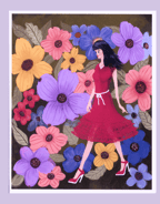 a woman in a red dress is standing in front of a painting of flowers