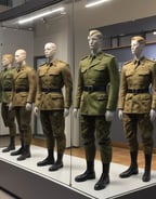 A mannequin dressed in a soldier's uniform, featuring a dark leather coat with double-breasted buttons and a matching helmet. The figure is equipped with a shoulder strap and ammunition pouches, while holding a rifle. The background includes wooden panels and a partially visible sign.