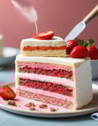 Three beautifully decorated slices of cake are displayed in a well-lit setting. Each slice has a smooth, creamy texture and is topped with a layer of orange glaze, a single macaron, and a small piece of dark chocolate. The cakes rest on golden bases, emphasizing a luxurious presentation.
