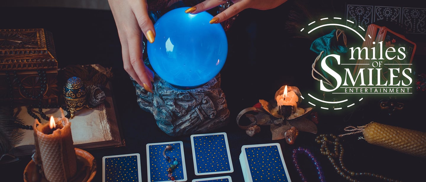 Fortune teller table with crystal ball and tarot cards