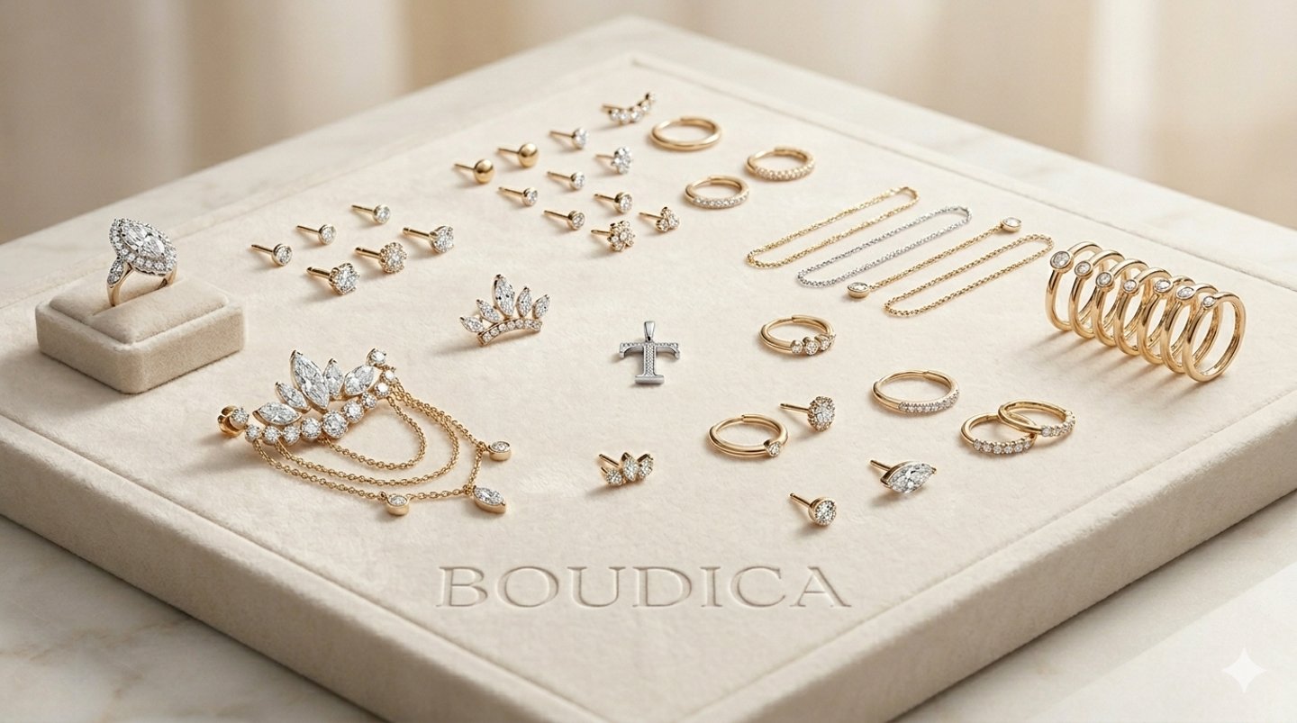 קולקציית תכשיטי יהלומים יוקרתית של Boudica עם טבעות זהב, עגילי יהלומים ושרשראות על מגש קטיפה