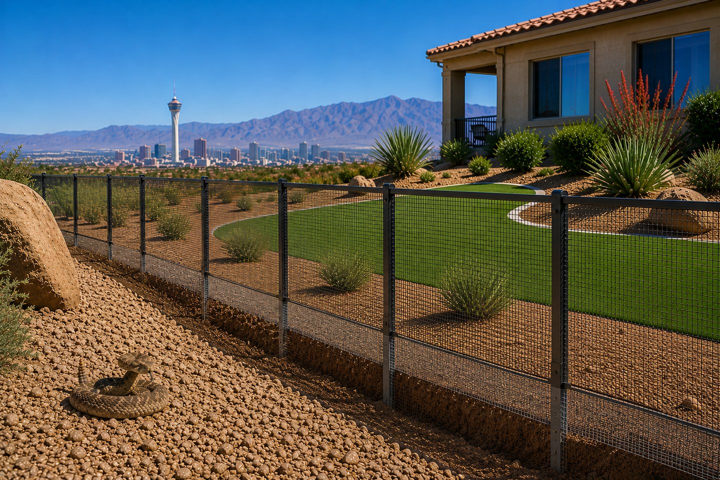 Rattlesnake near a Las Vegas home with professional snake fencing and below-ground barrier protection.