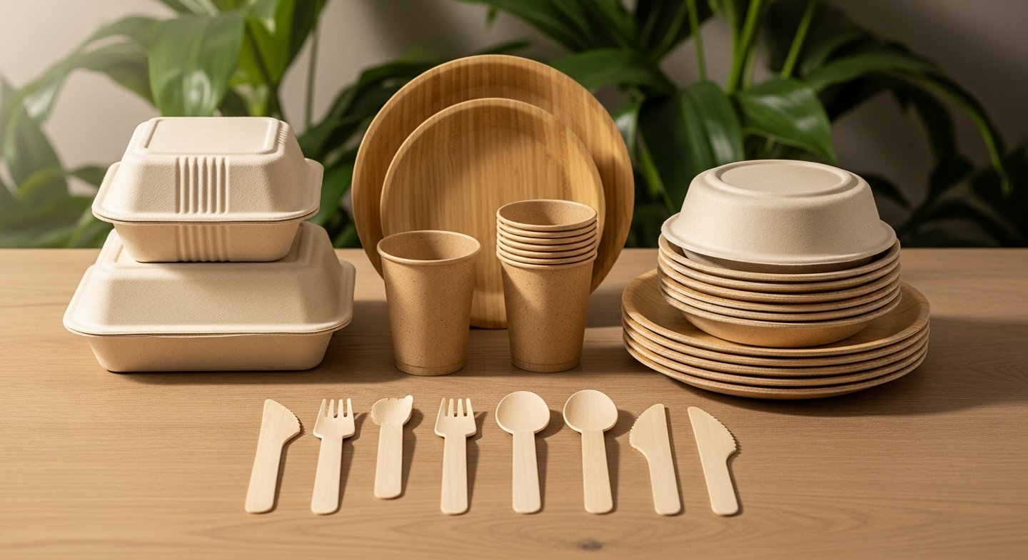 Create a high-quality, photorealistic product photo of an eco-friendly disposable tableware set arra
