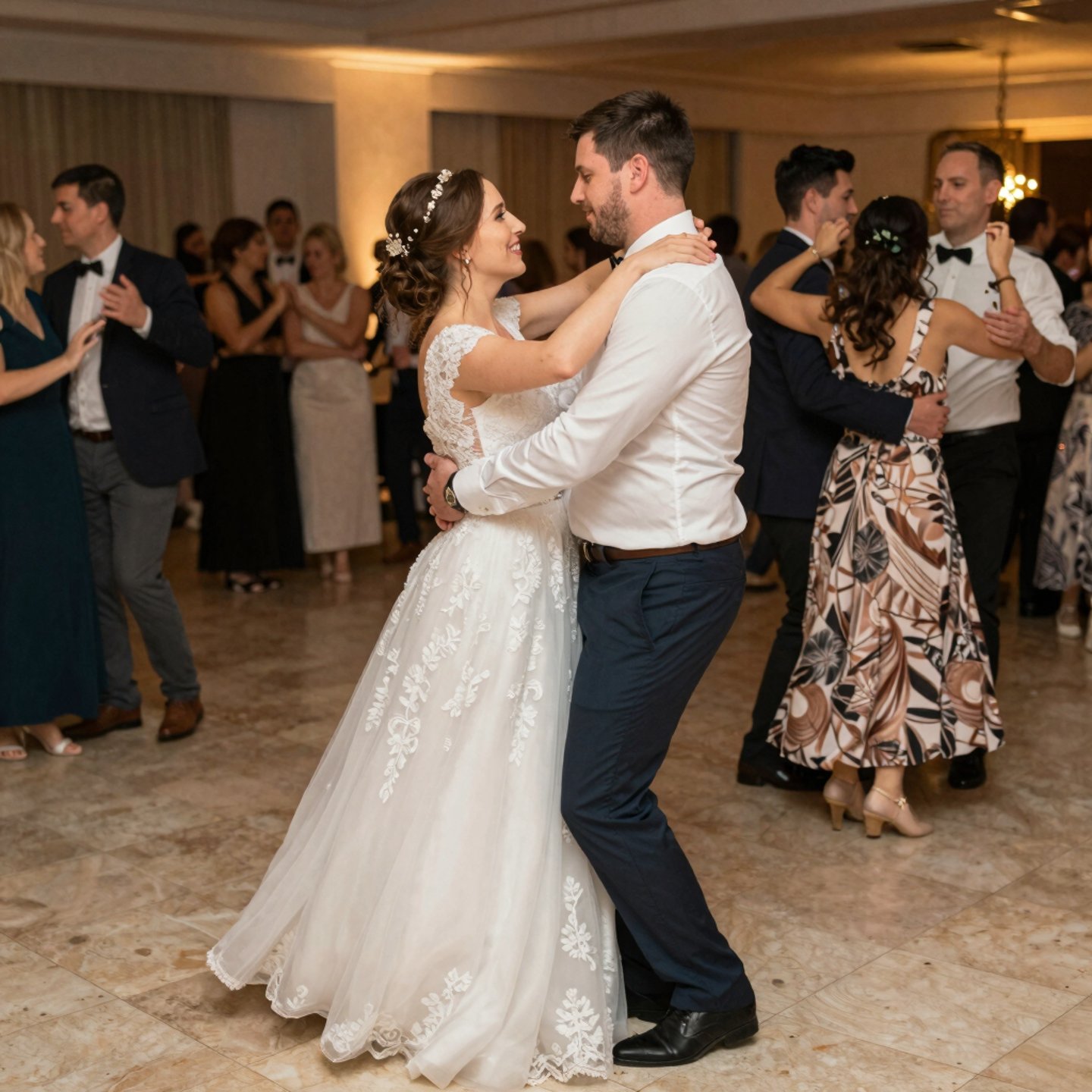 A bride in a lace wedding dress and groom dancing during their first dance at a wedding reception.