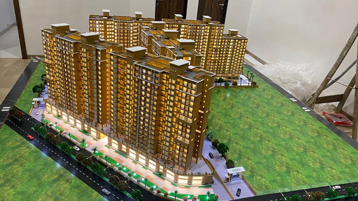Scale model of a luxury high-rise apartment complex featuring architecture by GP Modeling 