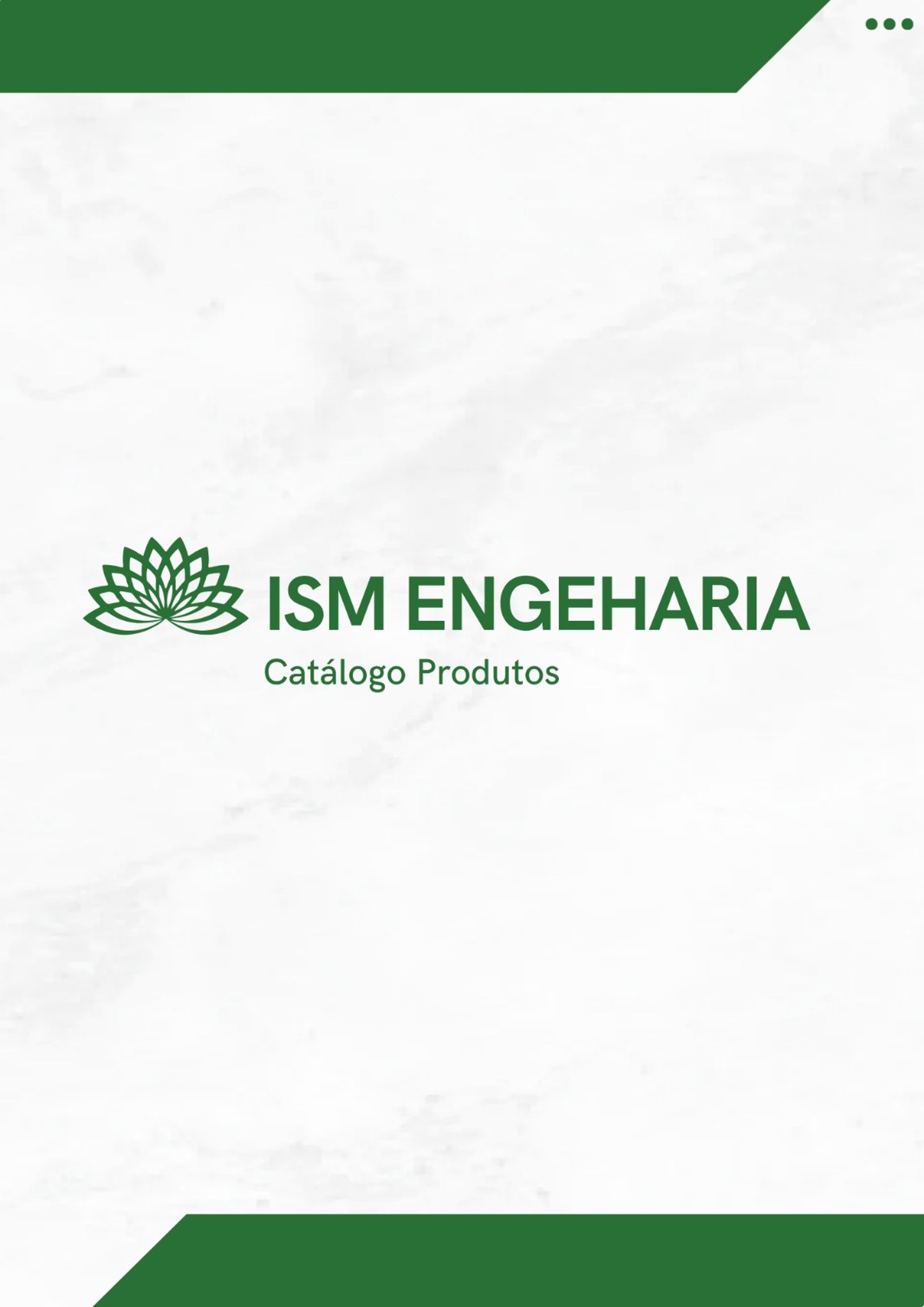 ISM Engenharia product catalog cover with green lotus logo on white marble background.