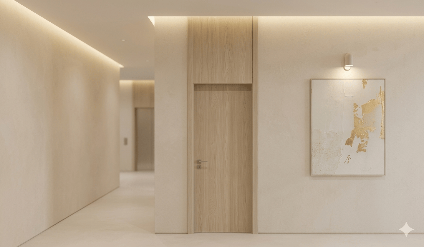 Modern full-height interior door with semi-open grain wood veneer lacquered finish by JSZZ
