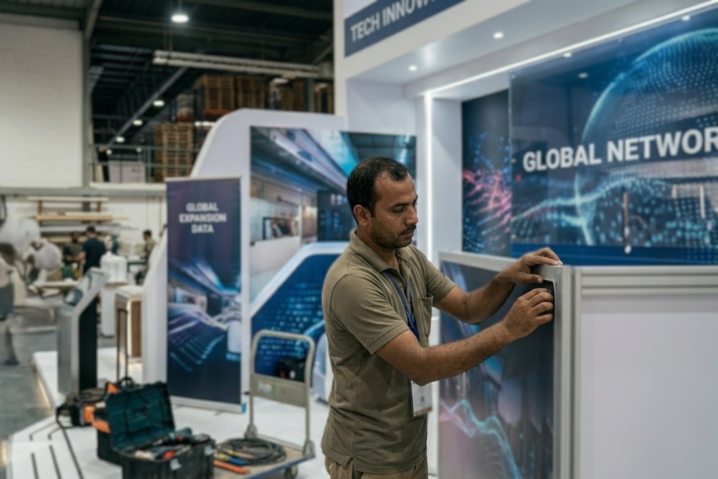 Professional technician setting up a global network technology exhibition booth in a large warehouse.