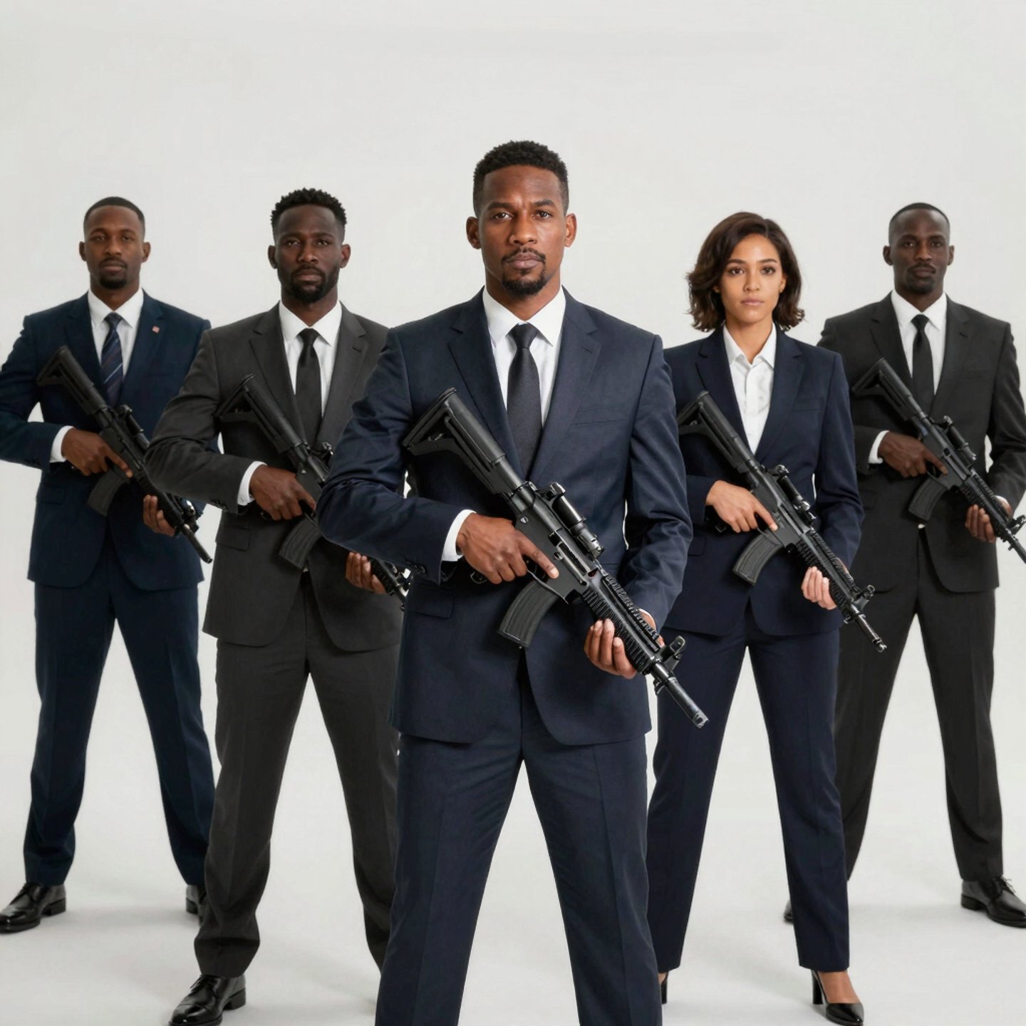Professional security team in formal suits holding tactical rifles for executive protection services.