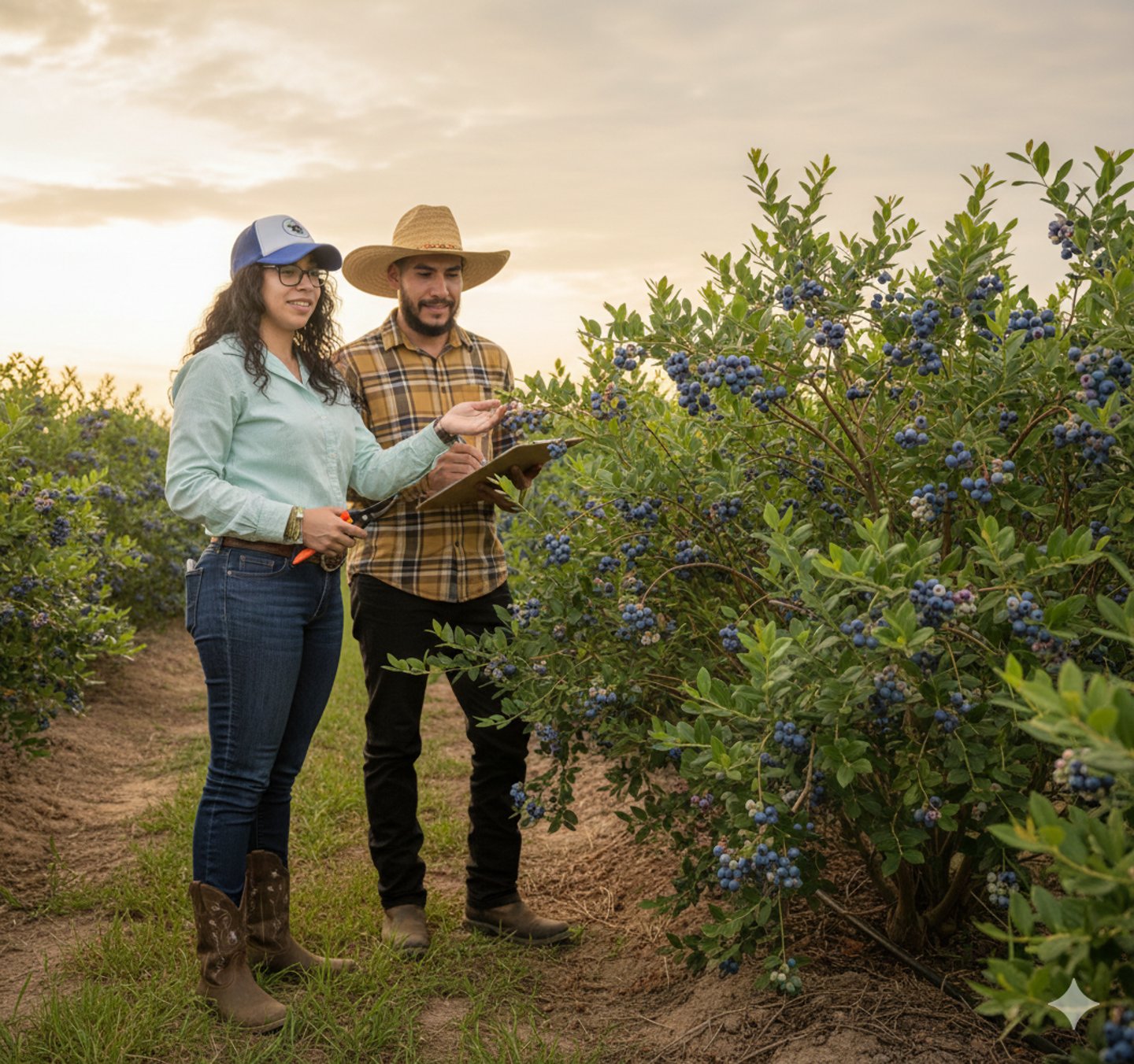 Ingenieros agronomos inspeccionan arándanos orgánicos maduros durante la cosecha